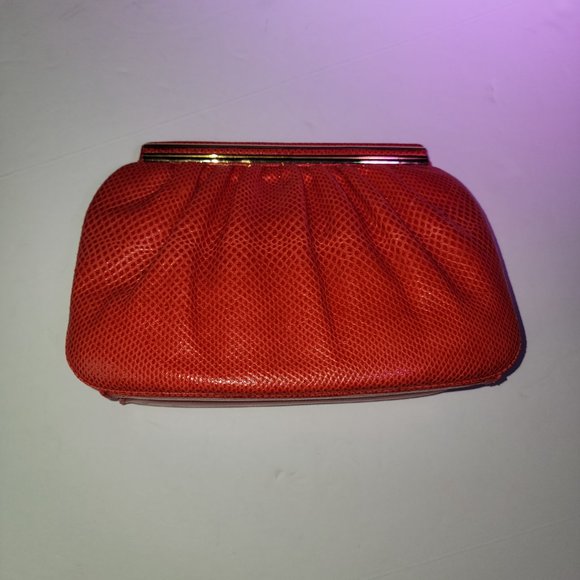 Vintage Judith Leiber Red Snakeskin Clutch with Strap and Gemstones w/ gold comb - Picture 7 of 9